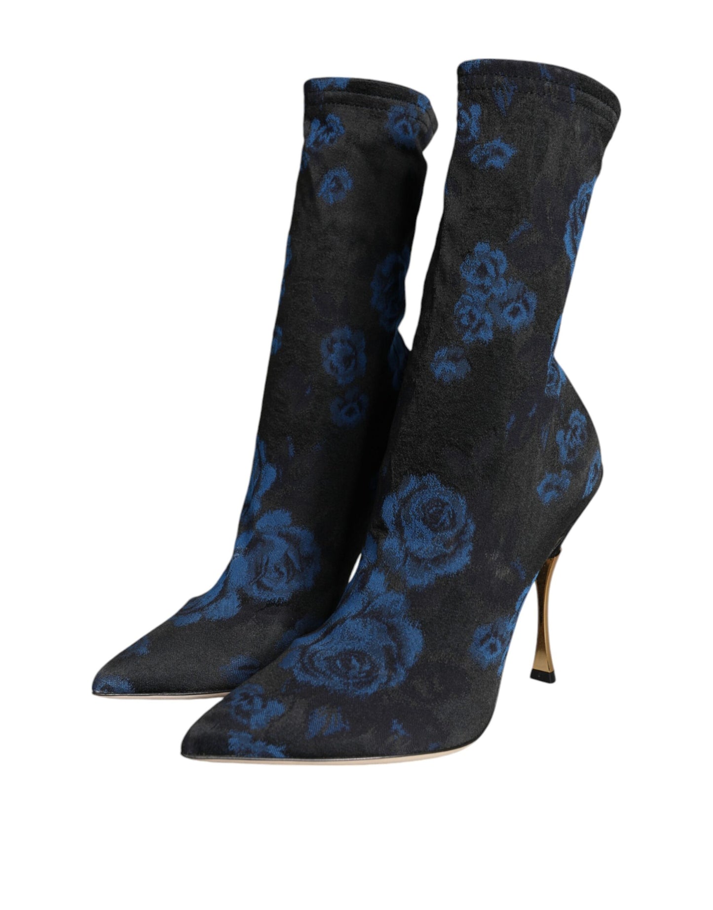 Black Floral Stretch Mid Calf Boots Shoes