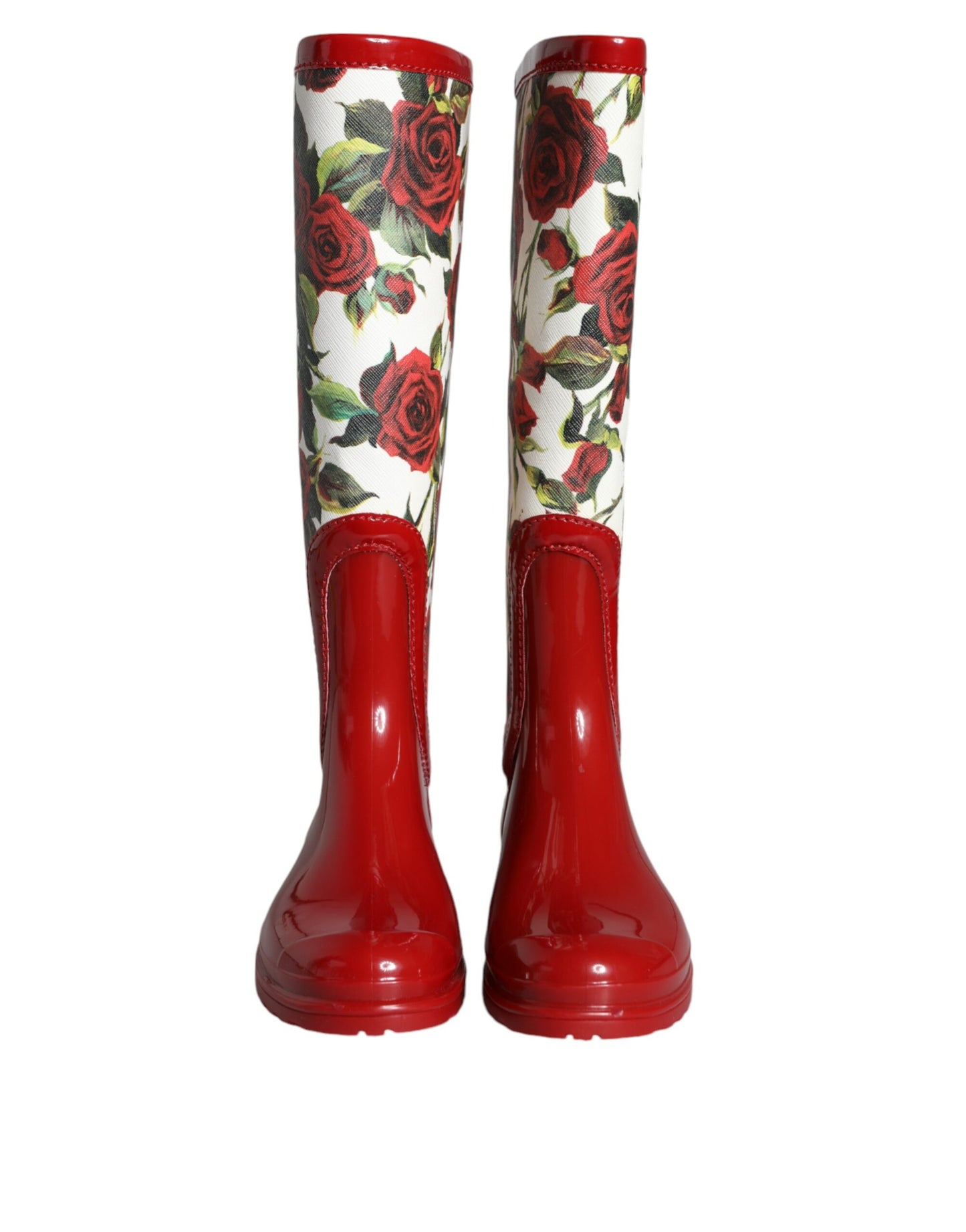 Red Floral Rubber Knee High Flat Boots Shoes