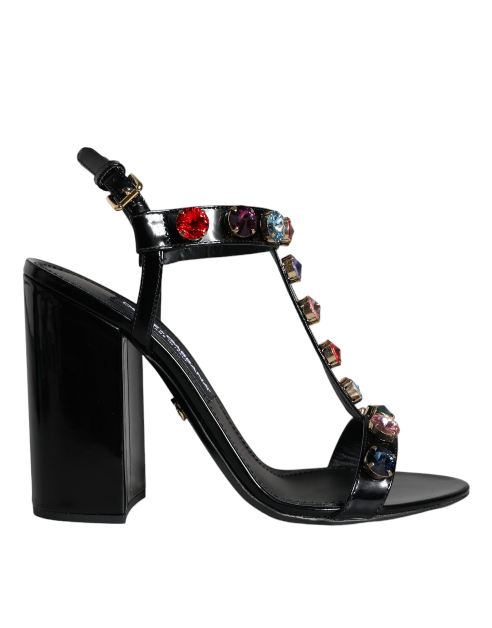 Black Crystal Leather T-strap Sandals Shoes