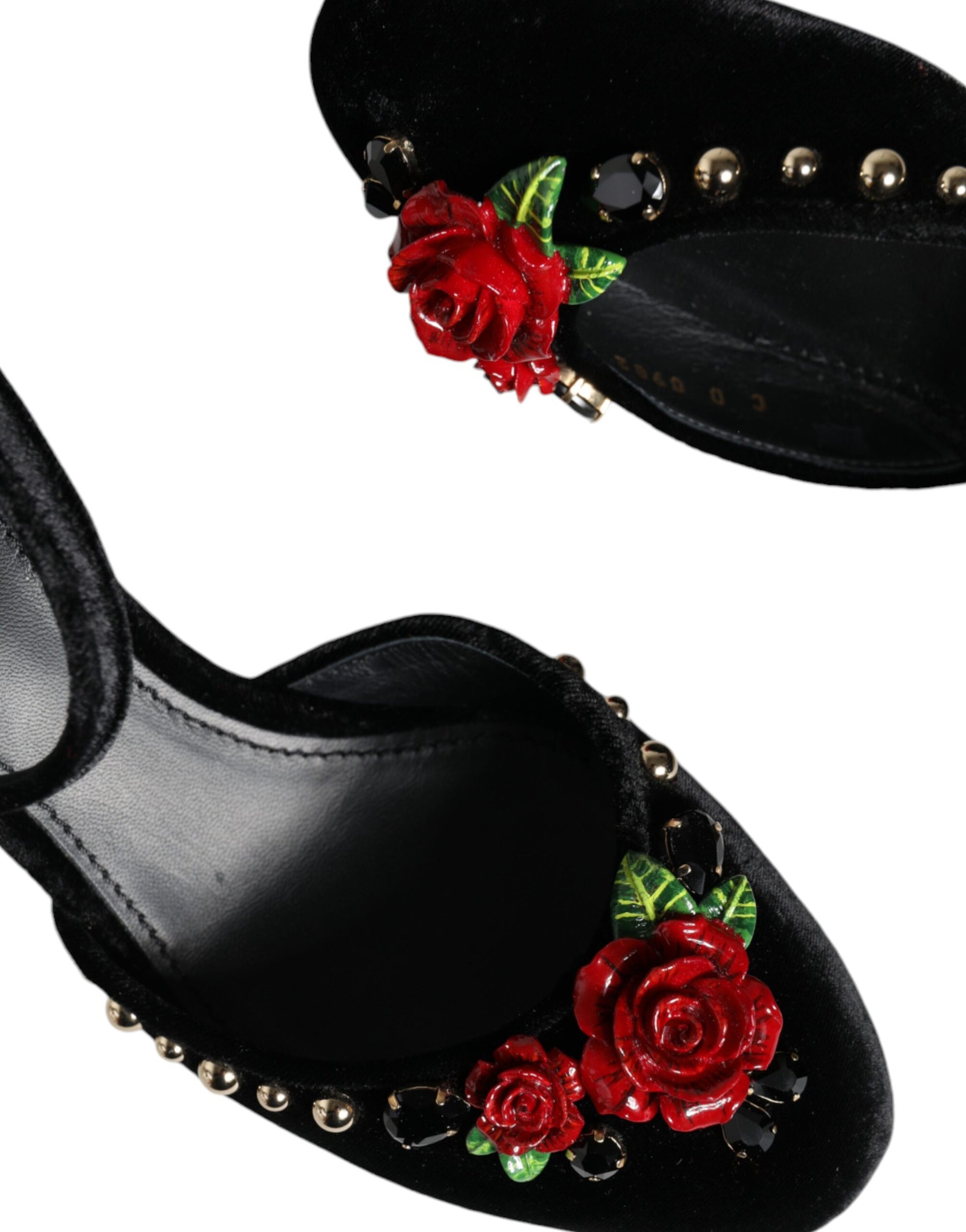 Black Velvet Roses Ankle Strap Pumps Shoes