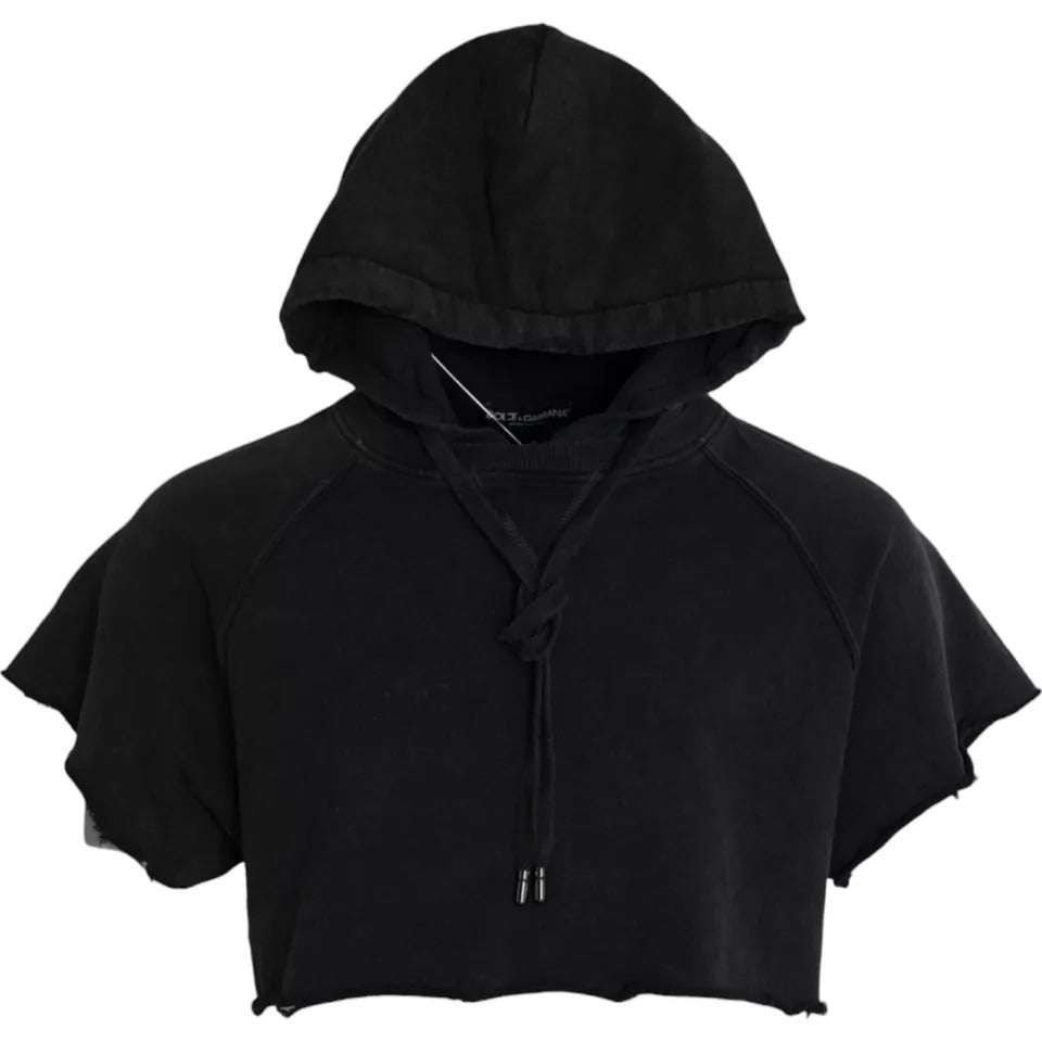 Black Cotton Hooded Short Sleeves Cropped T-shirt