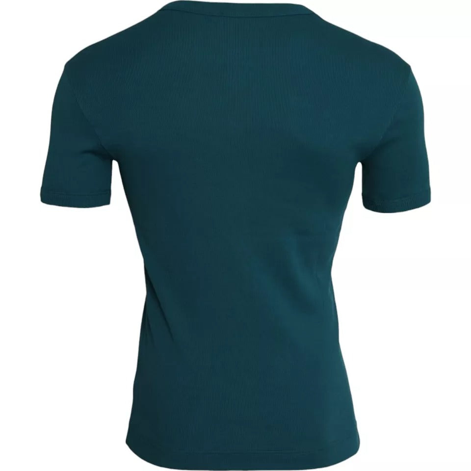 Blue Green Cotton Round Neck Short Sleeves T-shirt