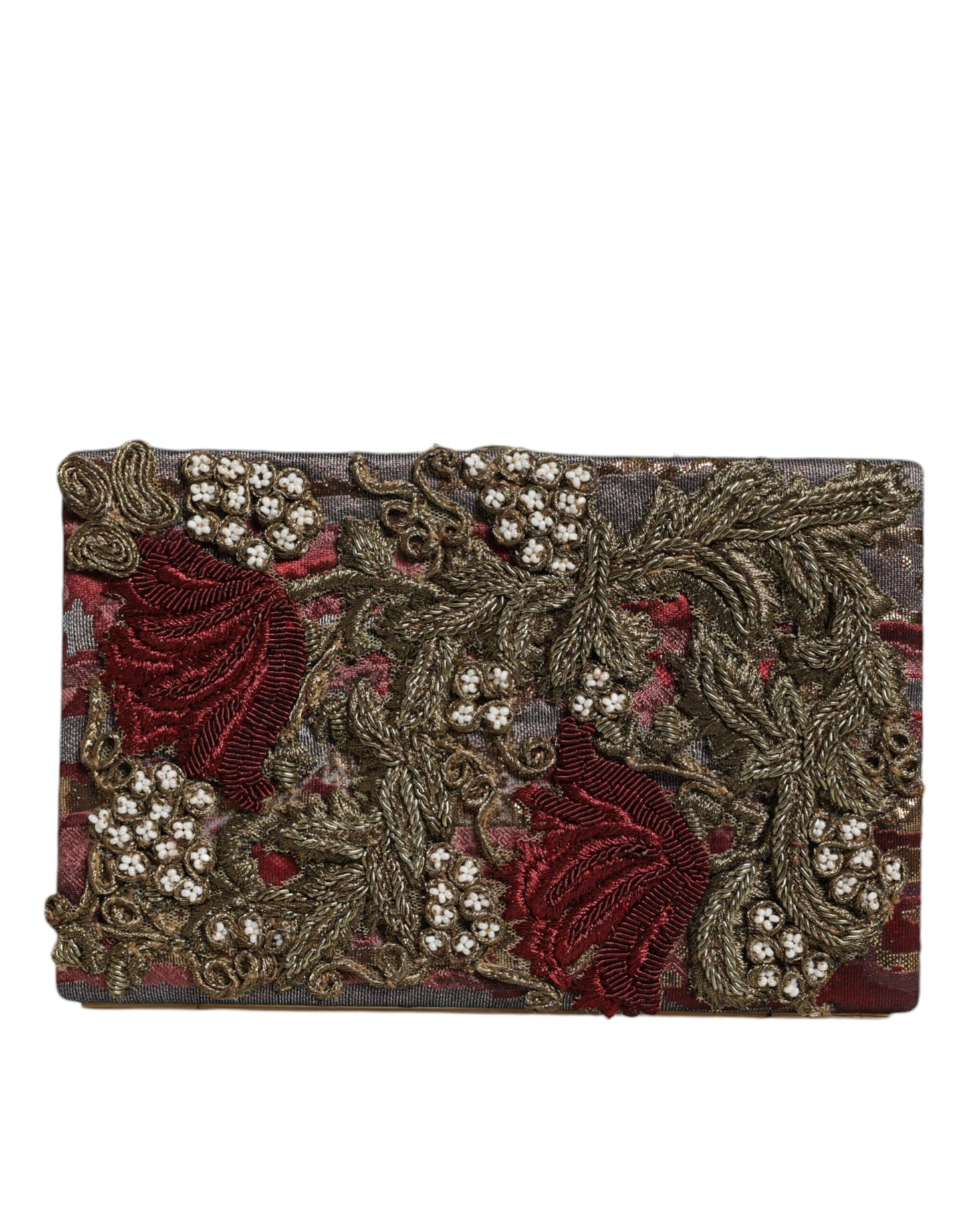 Maroon Gold Floral Jacquard Gold Frame Clutch Evening Purse Bag