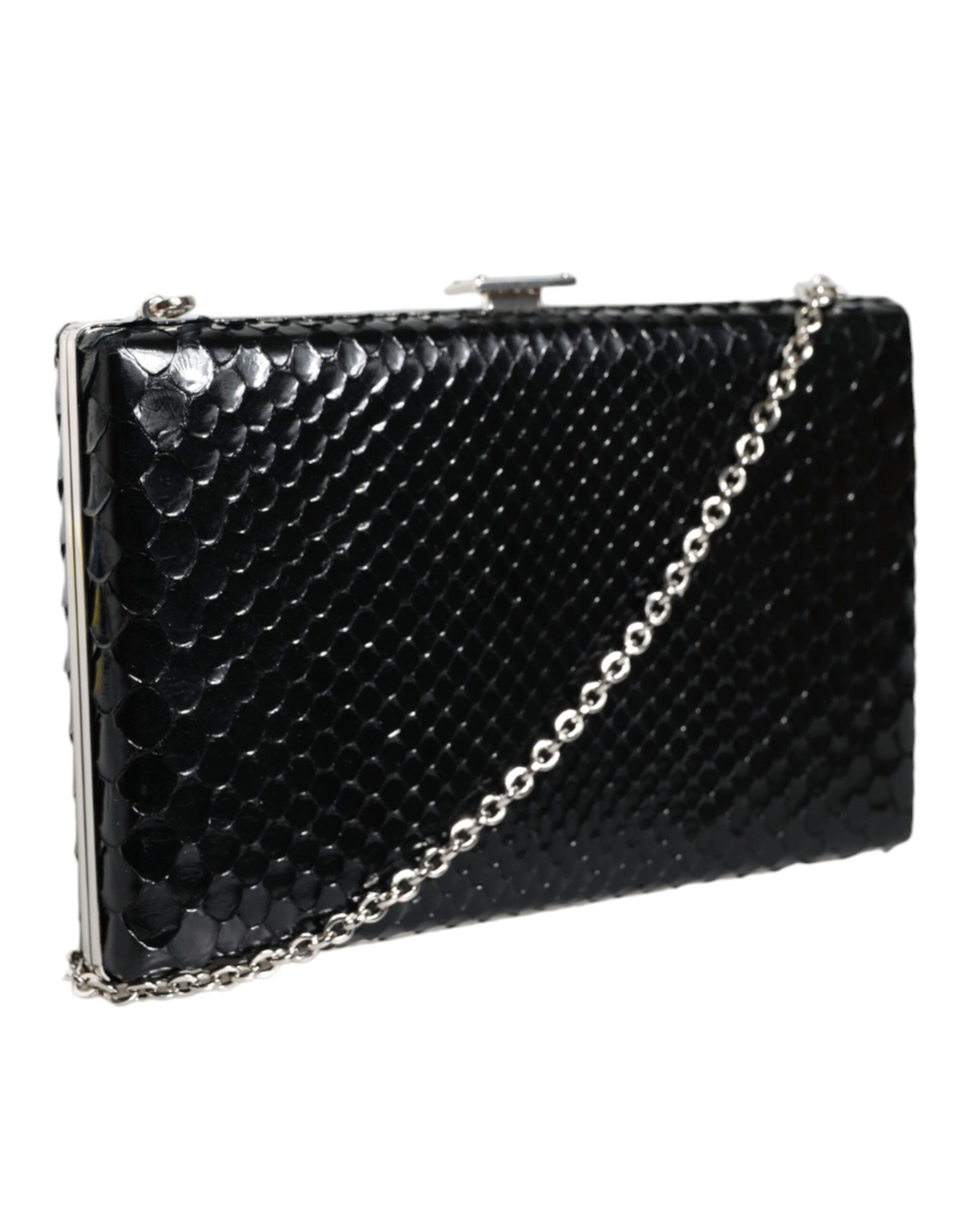 Black Leather Silver Frame Clutch Mini Crossbody Bag