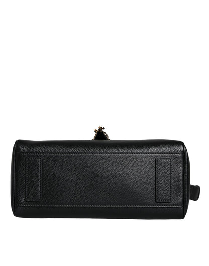 Black Top Handle Grainy Calfskin Leather Crossbody Bag