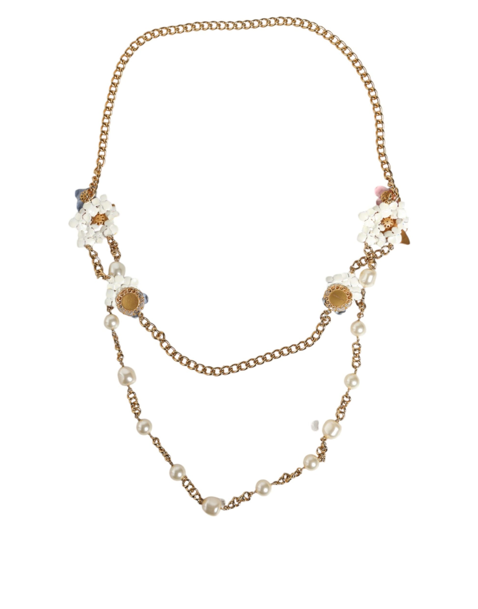 Gold Chain Brass Floral Layered Crystal Pearl Necklace