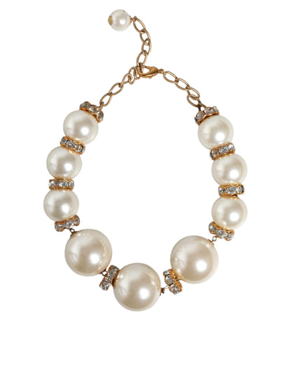 White Maxi Faux Pearl Beads Crystals Gold Chain Necklace