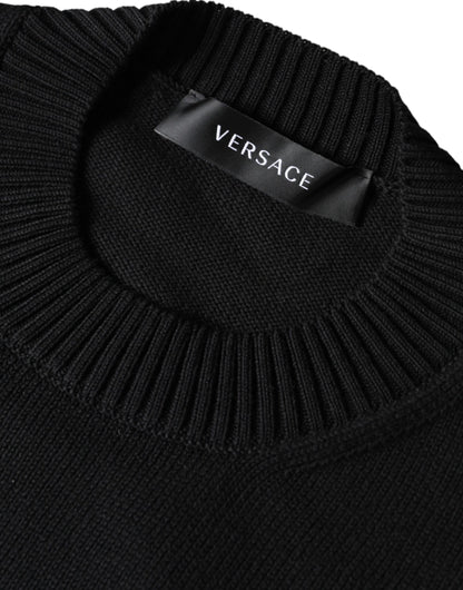 Black Medusa Embroidery Crew Neck Pullover Sweater