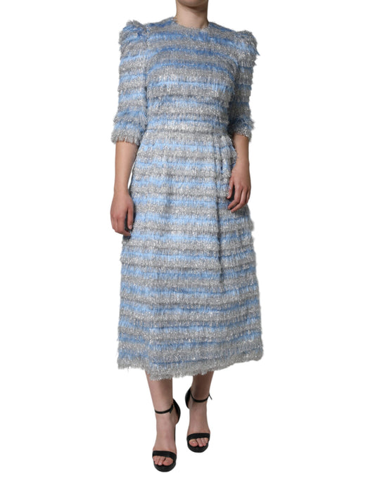 Light Blue Silver Jacquard A-line Midi Dress