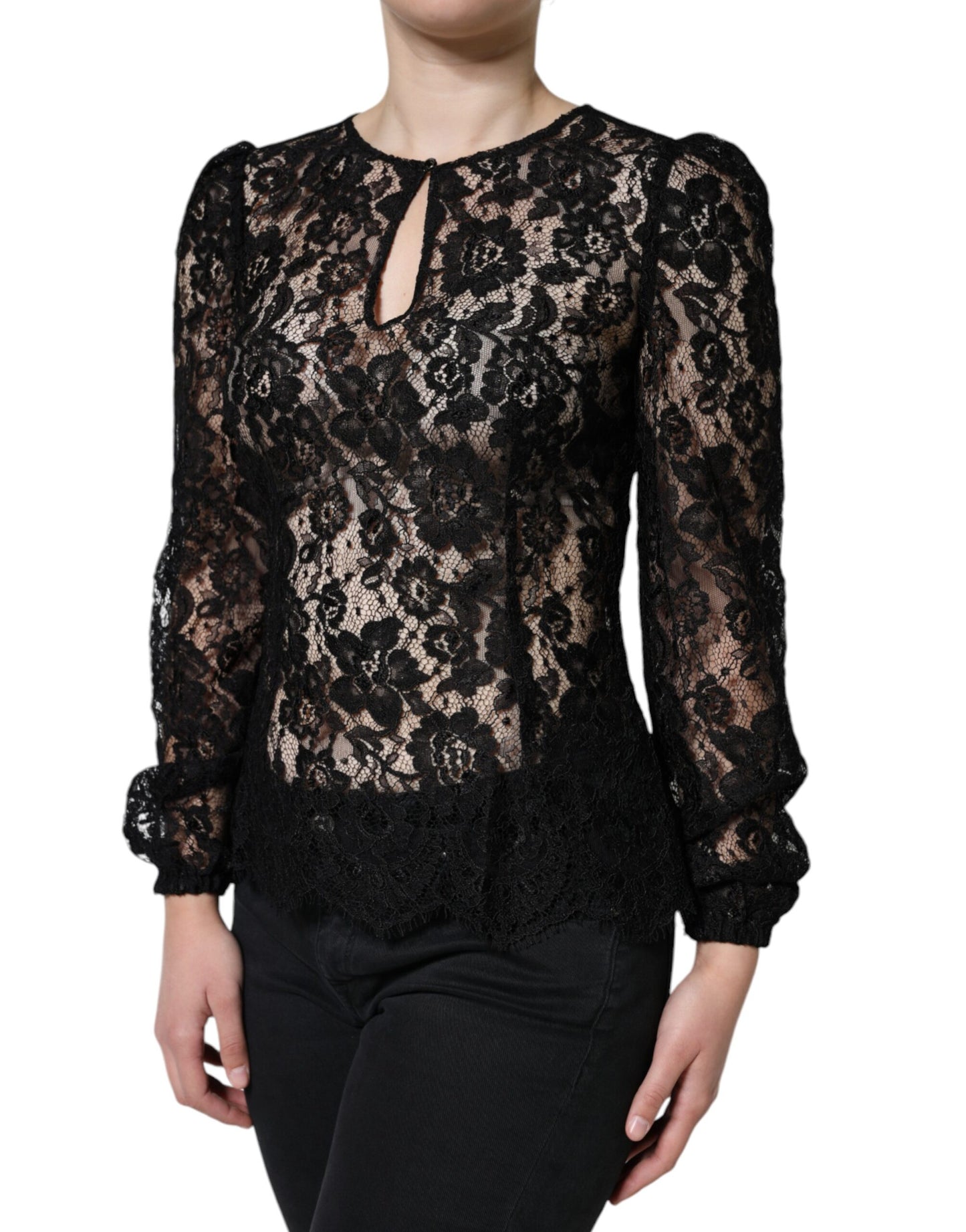 Black Floral Lace See Through Long Sleeve Top