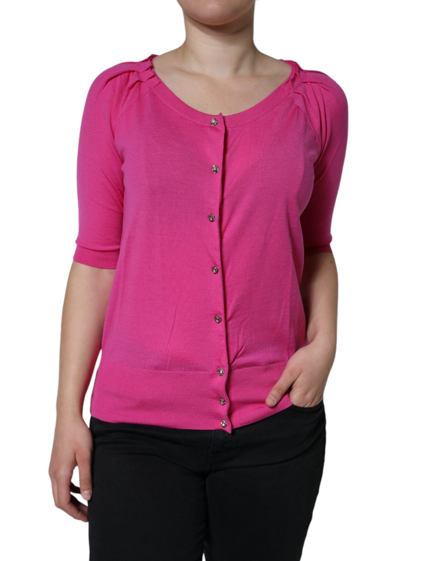 Pink Wool Button Down Short Sleeve Blouse Top