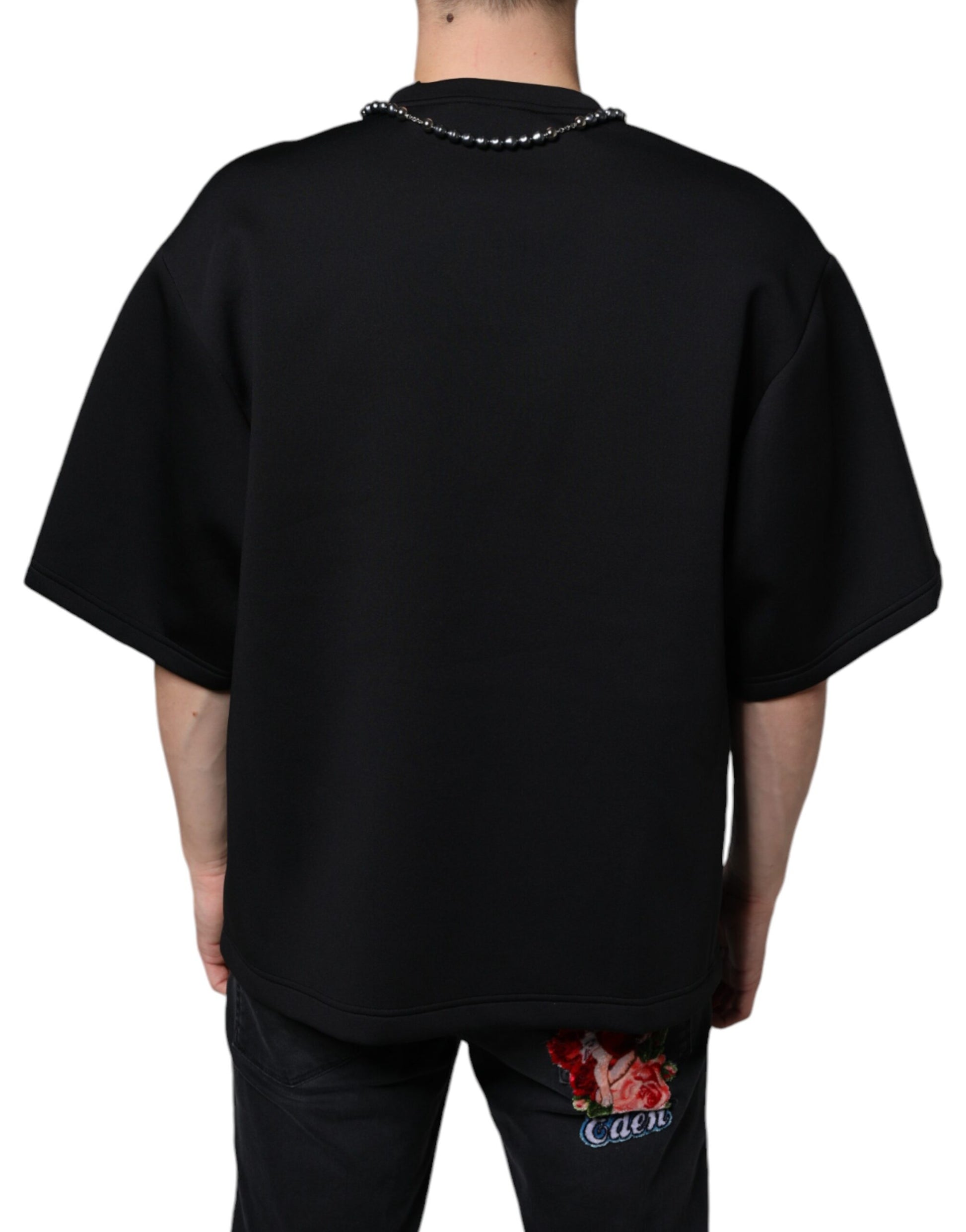 Black Polyester Necklace Embellished T-shirt