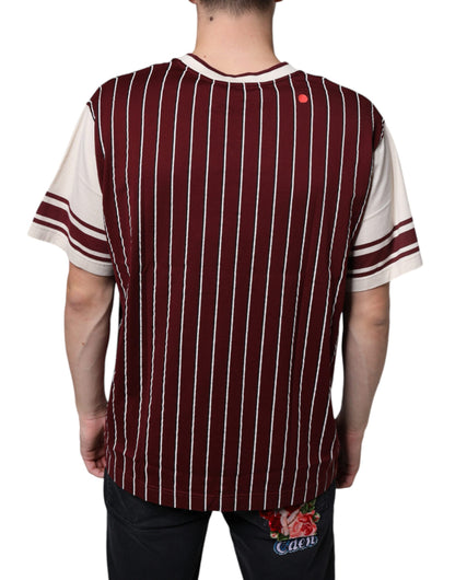 Maroon Stripes Cotton Logo V-neck T-shirt