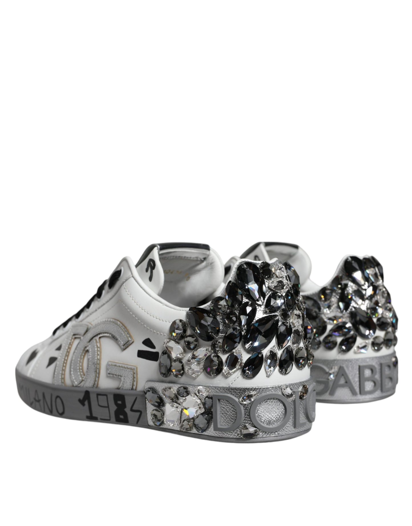 White Silver Crystal Logo Portofino Sneakers Shoes