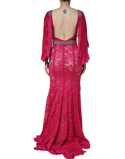 Pink Lace Crystal Sheath Long Gown Dress