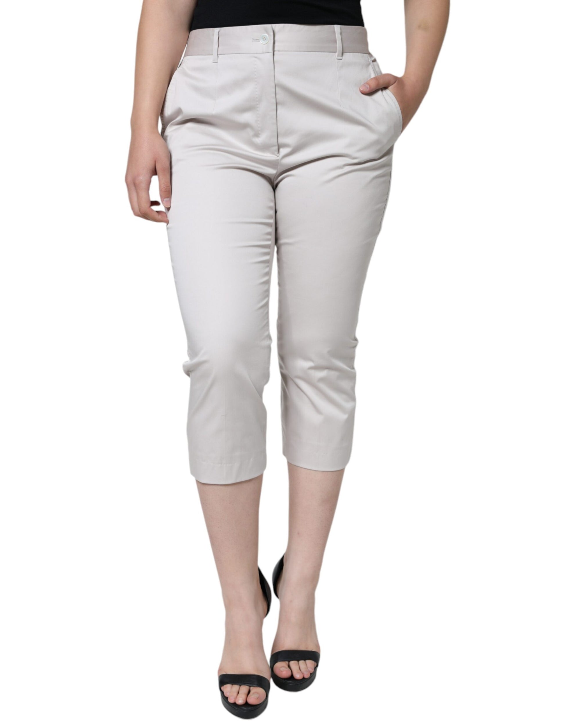 White Cotton Mid Waist Cropped Skinny Pants