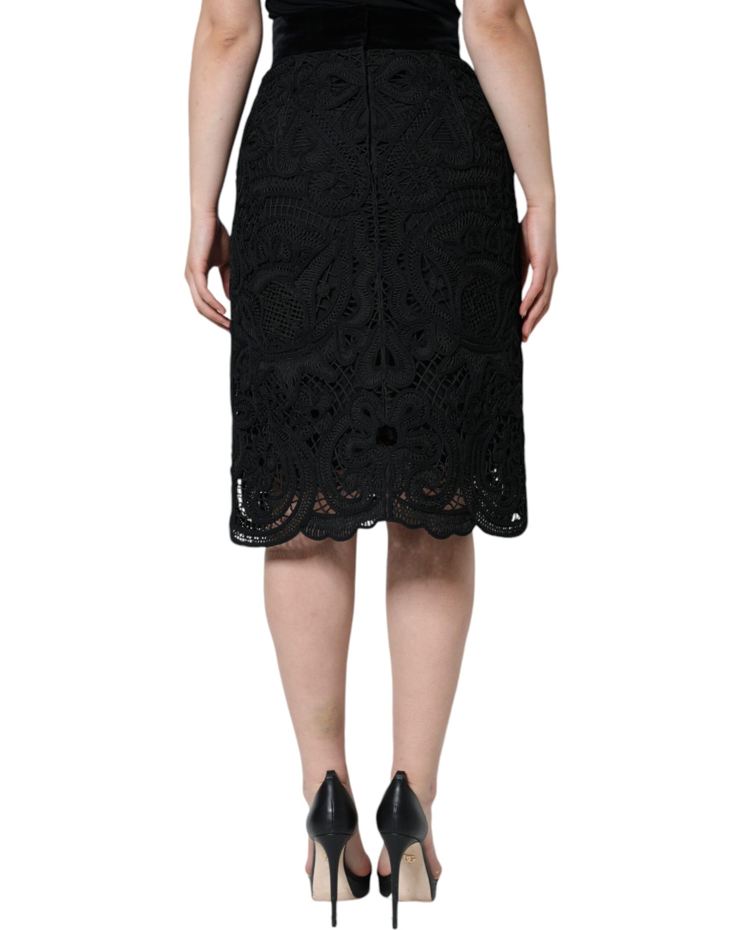 Black Floral Lace High Waist Pencil Cut Skirt