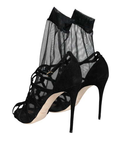 Black Tulle Stretch Heels Sandals Shoes