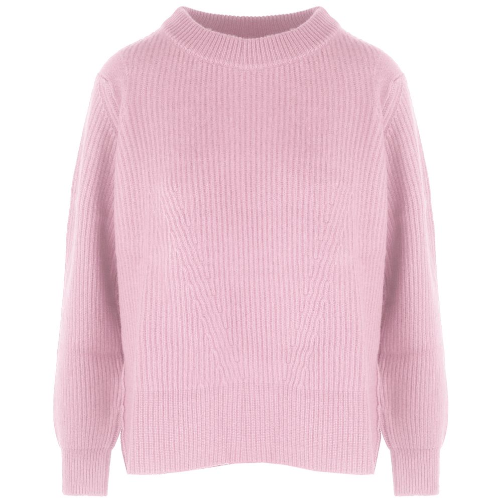 Pink Cashmere Women Sweater with Ribbed Embroidery