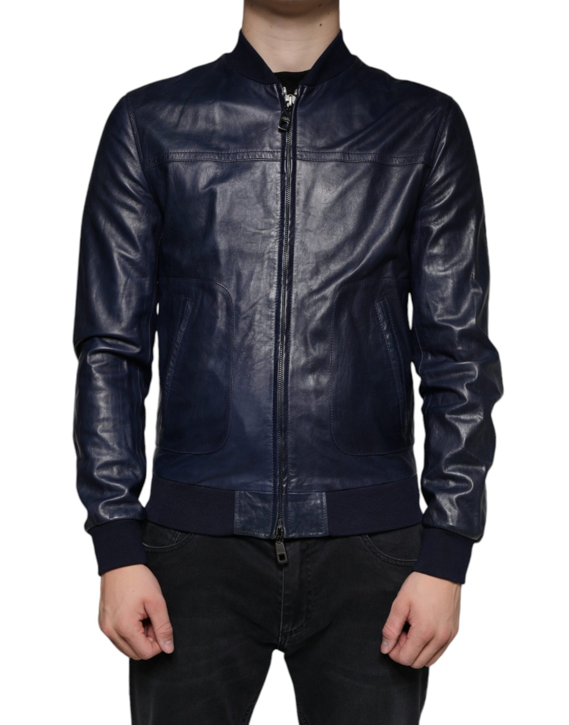 Blue Lambskin Leather Full Zip Biker Jacket