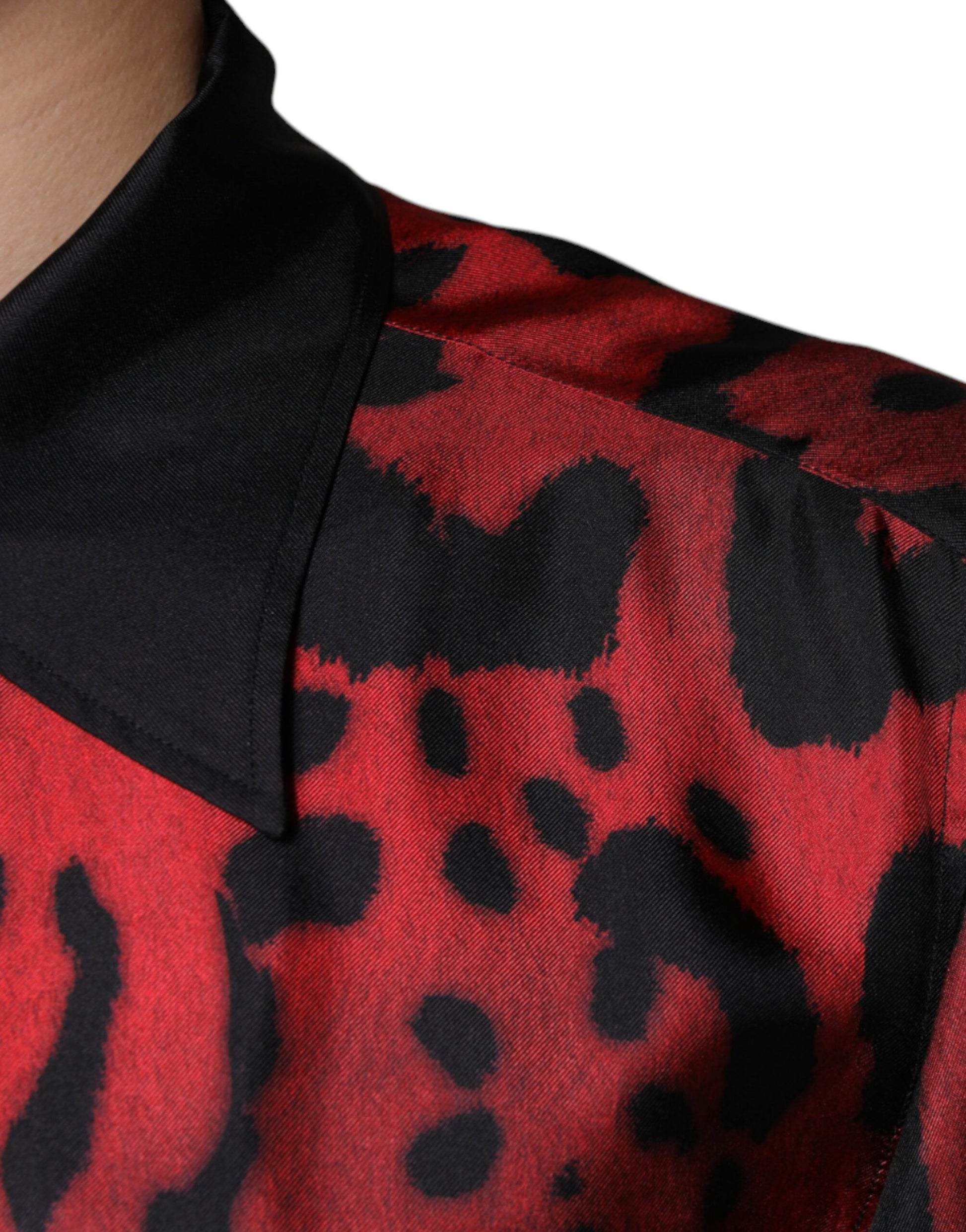 Red Leopard Silk Button Down Casual Shirt