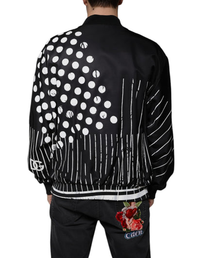 Black Polka Dot Stripe Nylon Bomber Jacket