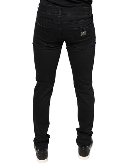 Black Tattered Cotton Skinny Men Denim Jeans