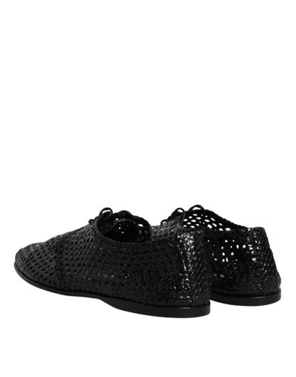 Black Woven Leather Lave Up Derby Shoes