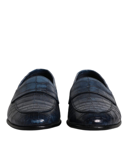 Blue Exotic Leather Moccasin Slip On Shoes