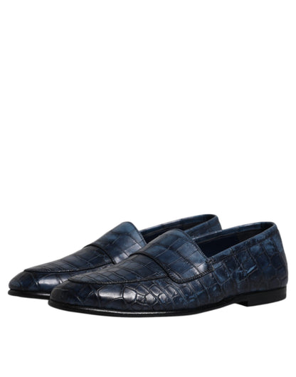 Blue Exotic Leather Moccasin Slip On Shoes