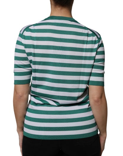 White Green Stripe Leaf Crew Neck T-shirt