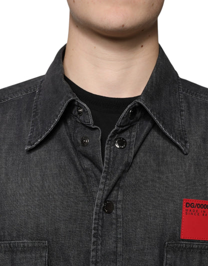 Black Logo Cotton Button Down Denim Shirt