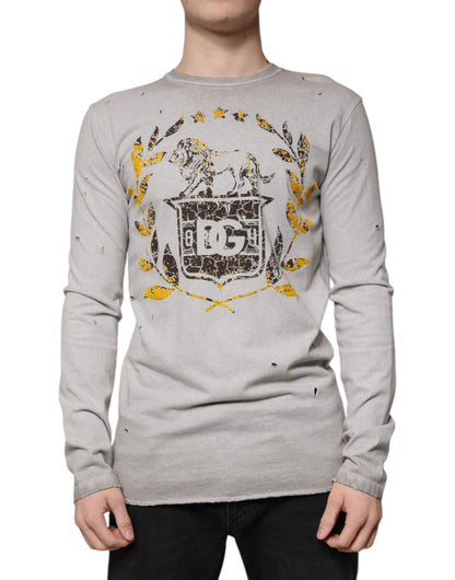 Gray Printed Cotton Crewneck Pullover Sweater