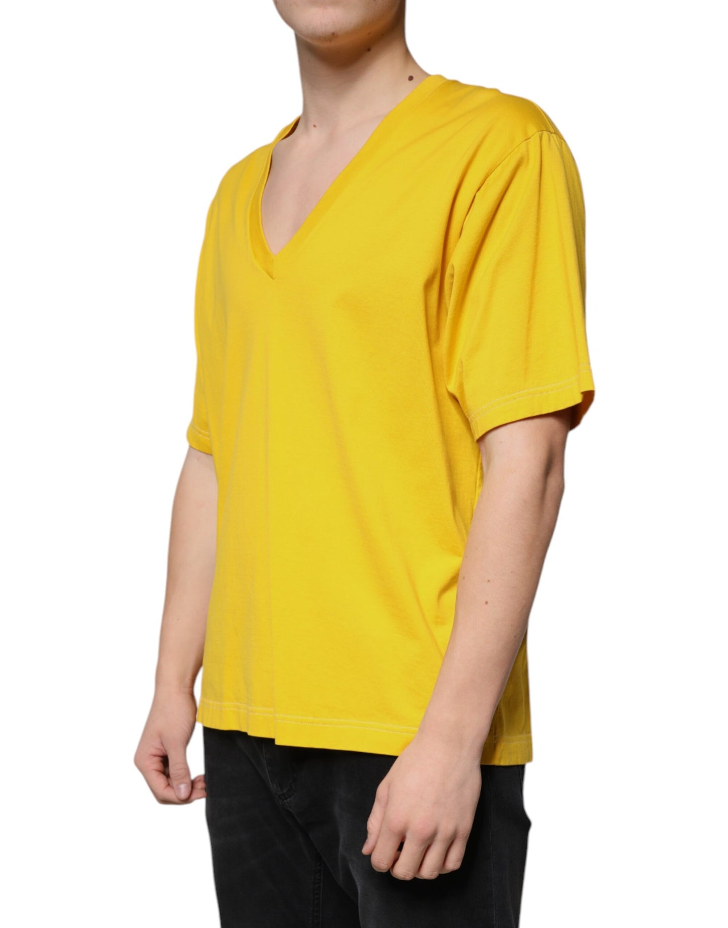 Yellow Cotton V-neck Short Sleeves T-shirt