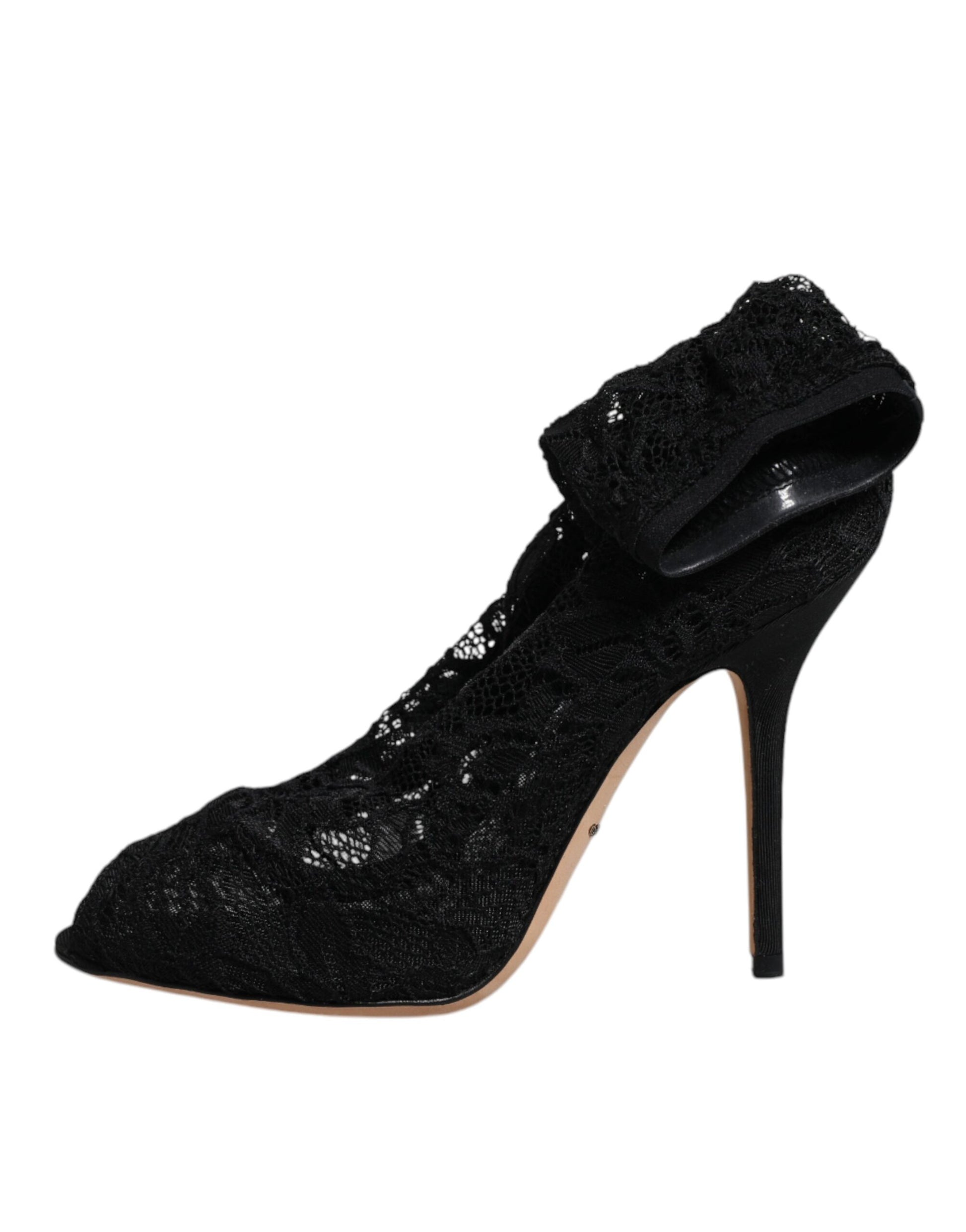 Black Lace Stretch Heels Mid Calf Boots Shoes