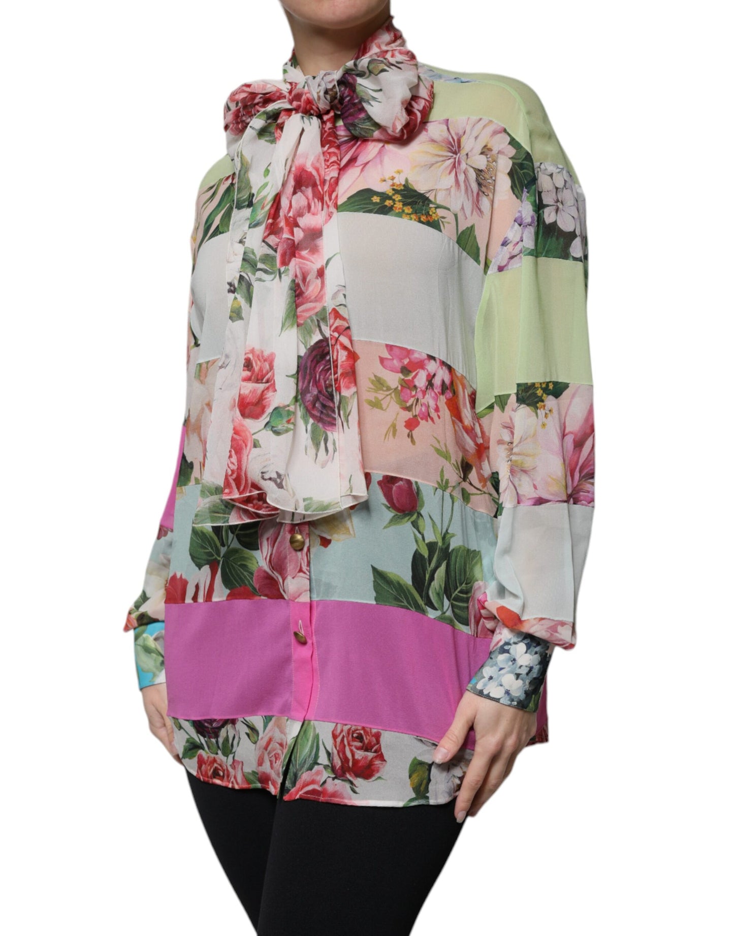 Multicolor Floral Patchwork Ascot Collar Top