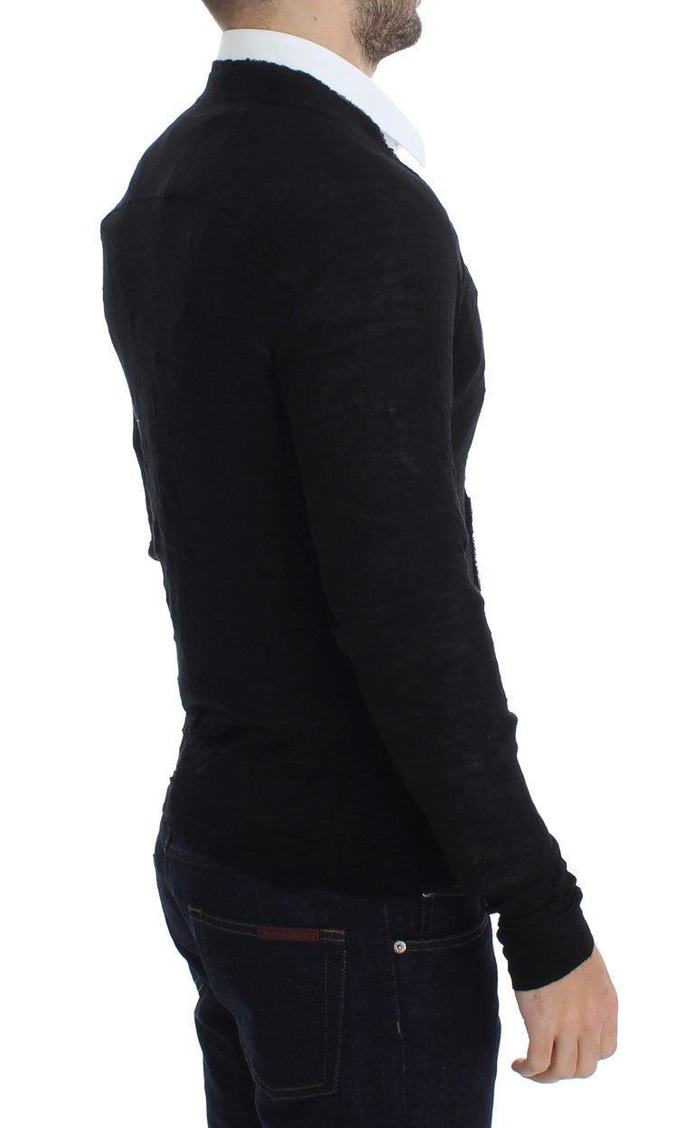 Elegant Black Merino Wool Cardigan