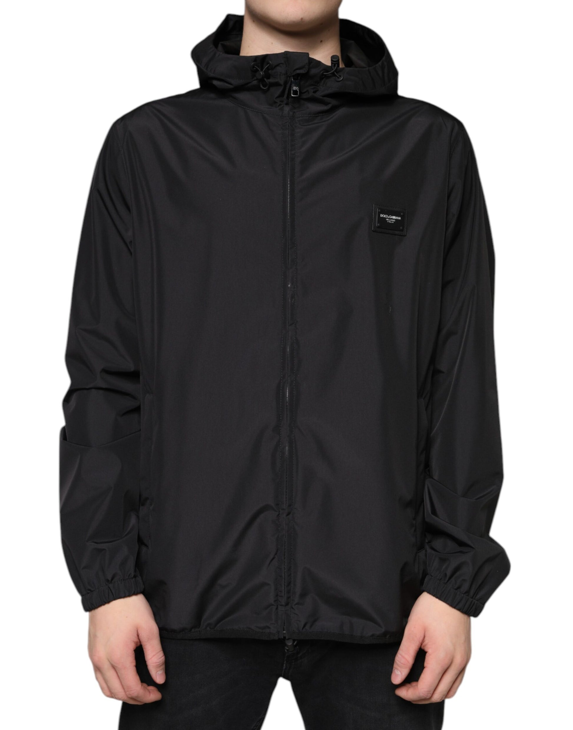 Black Polyester Hooded Men Full Zip Jacket