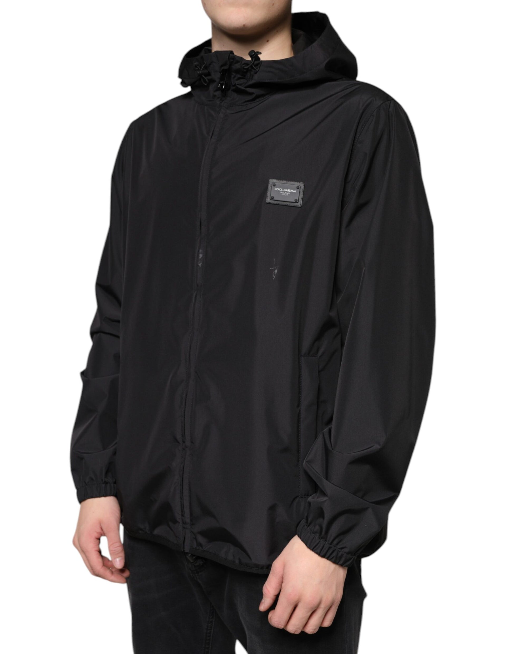 Black Polyester Hooded Men Full Zip Jacket