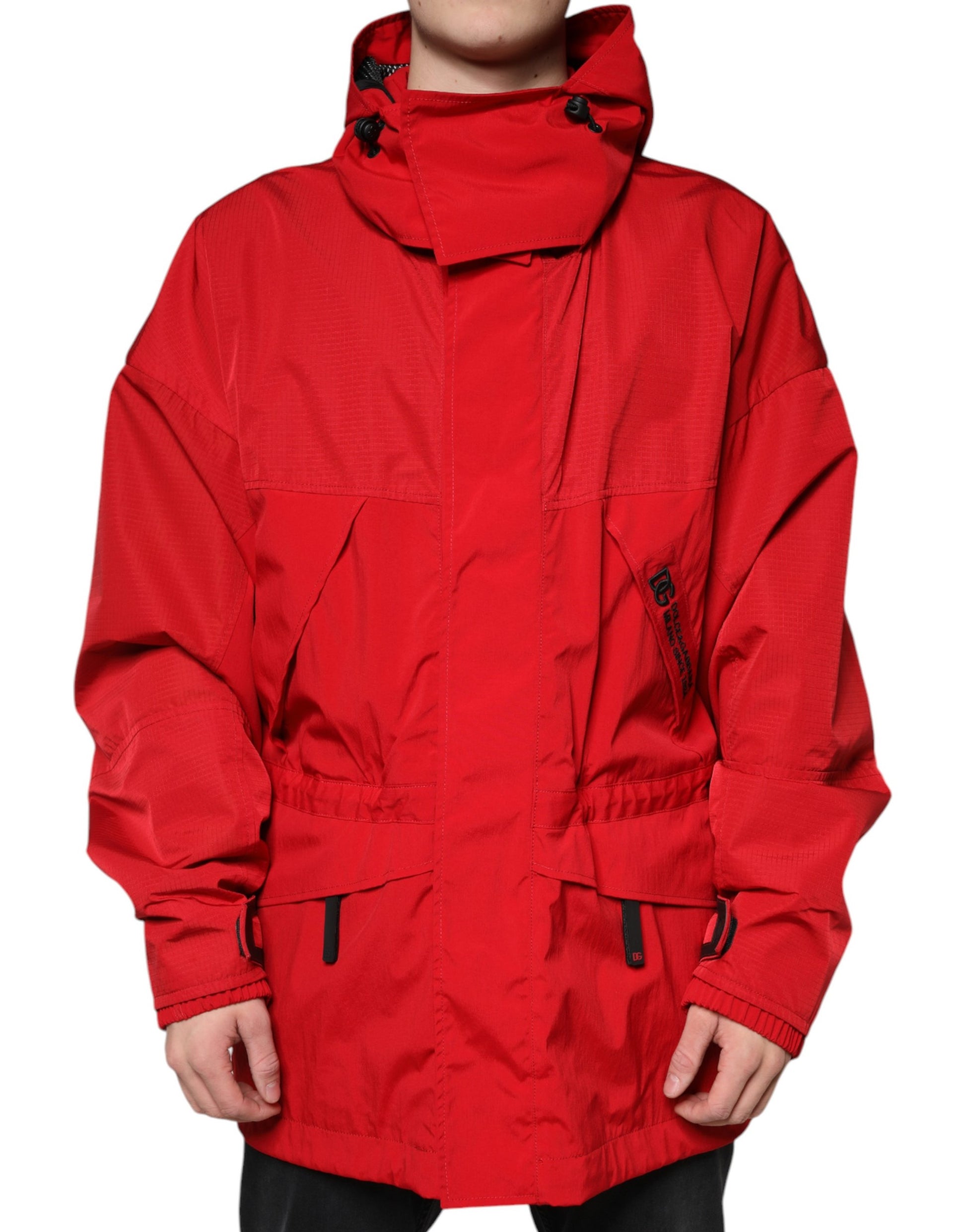 Red Nylon Hooded Men Full Zip Parka Jacket