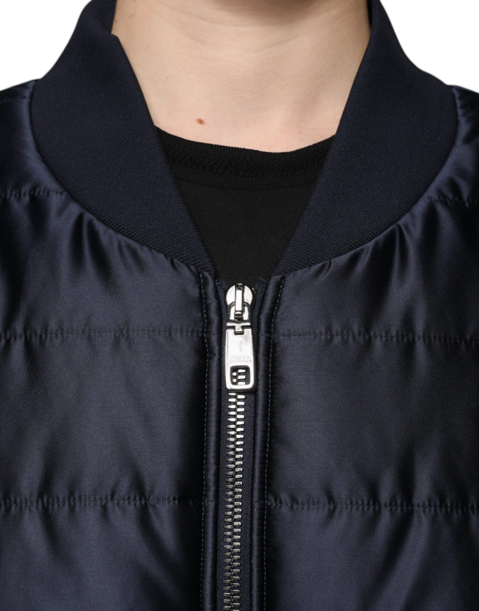 Dark Blue Quilted Full Zip Bomber Jacket