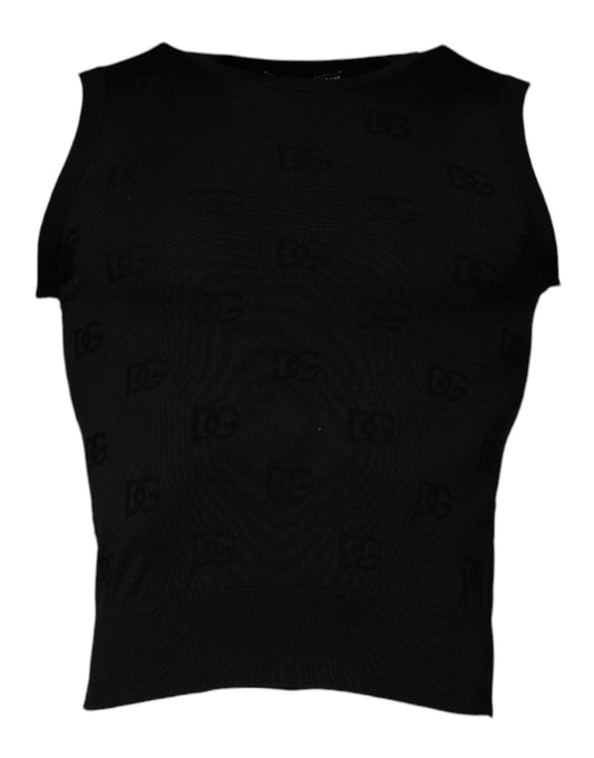 Black Silk Round Neck Sleeveless T-shirt