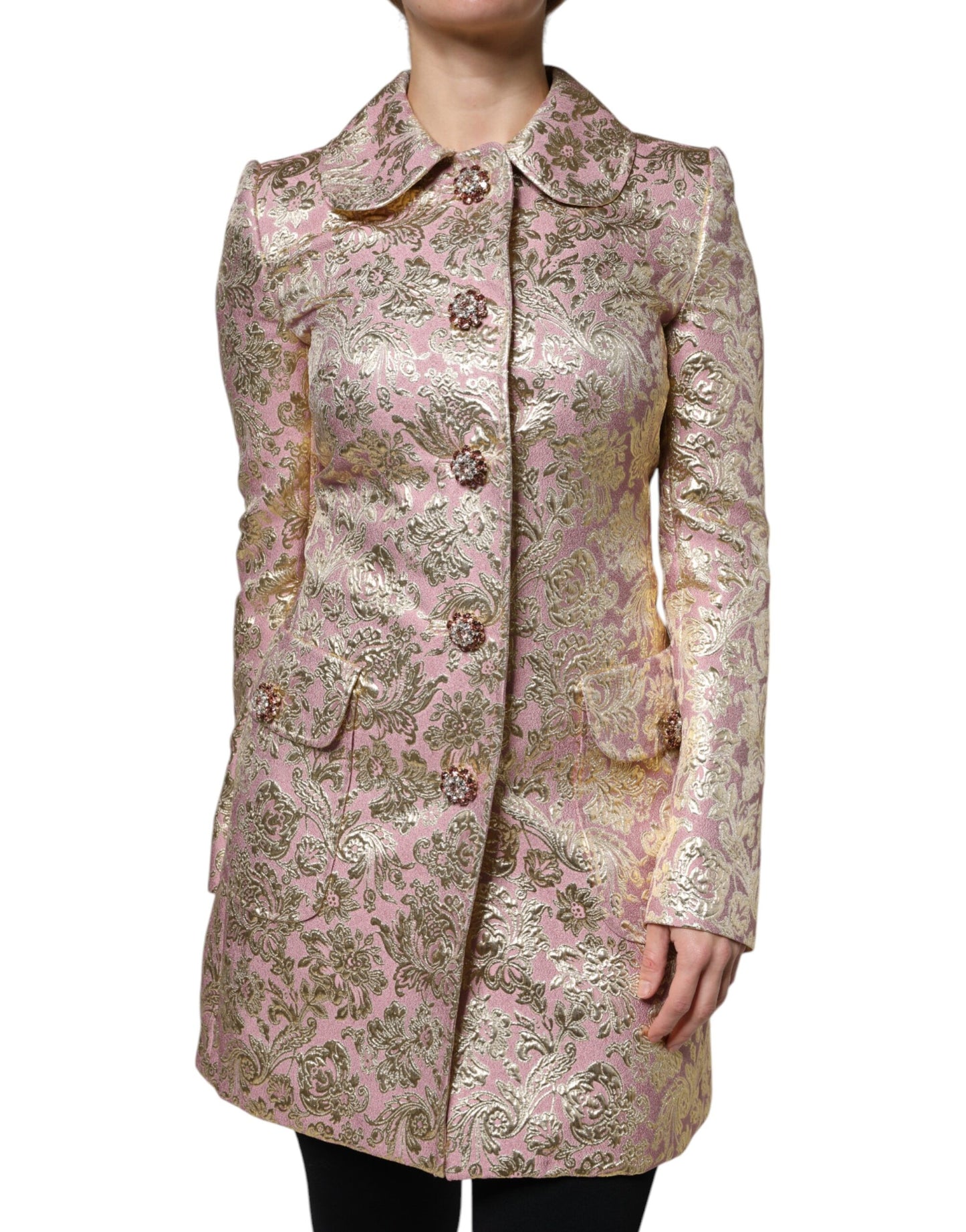 Metallic Pink Gold Jacquard Jewel Button Coat Jacket