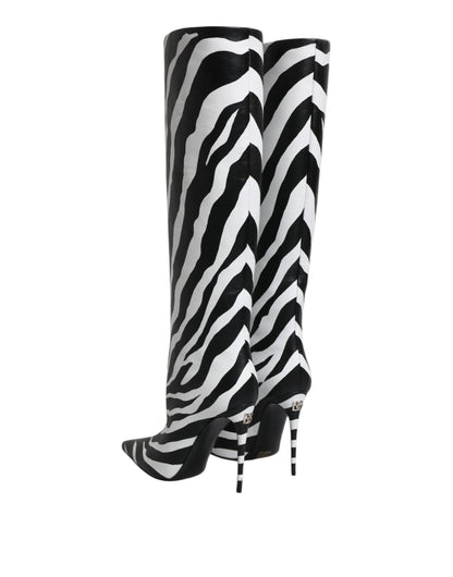 Black White Zebra Heels High Boots Shoes