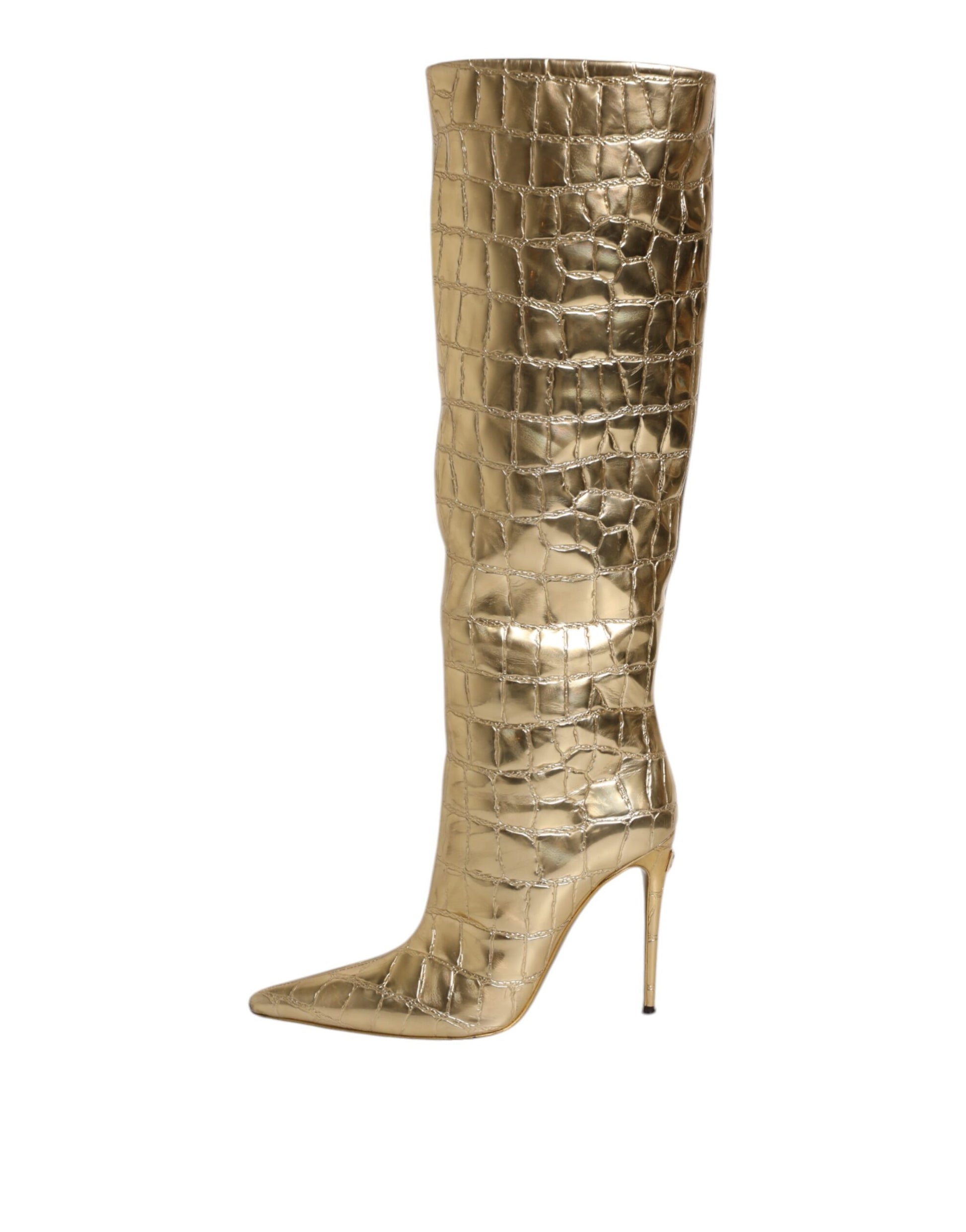 Gold Leather Stiletto Heels High Boots Shoes