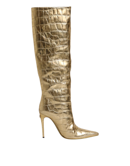 Gold Leather Stiletto Heels High Boots Shoes