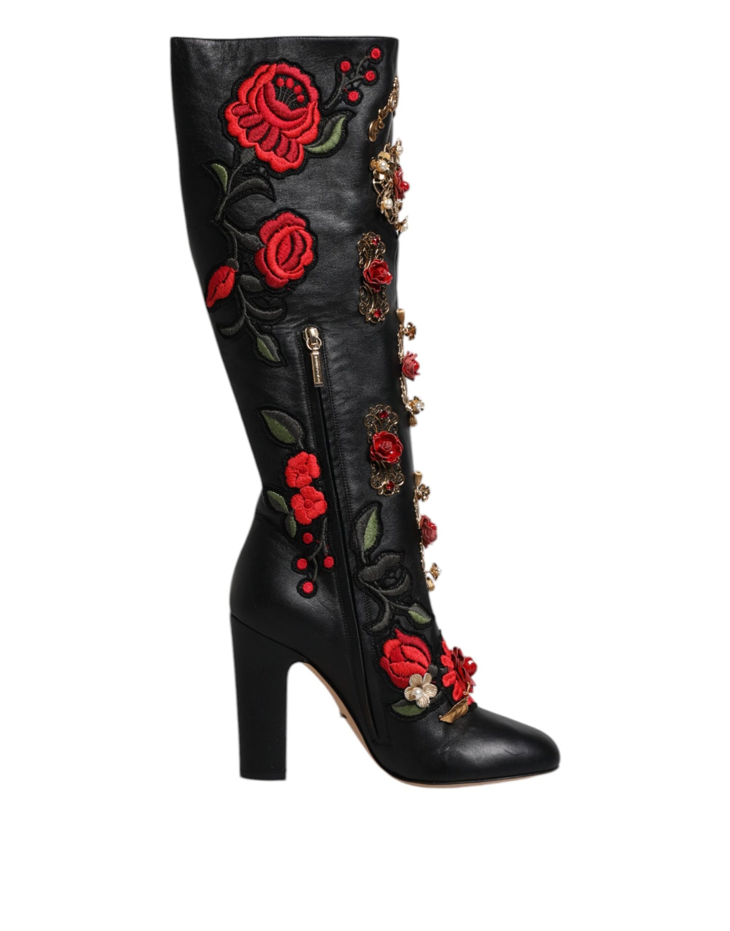 Black Roses Embellished Leather Heel Boots Shoes