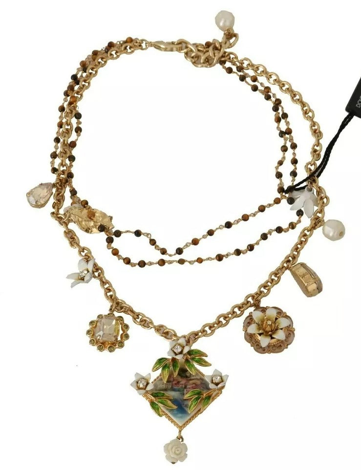 Gold Brass Crystal Floral Statement Charms Necklace