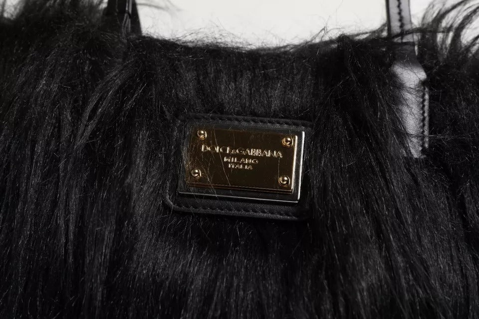 Black Fur Logo Plaque Double Handle Shoulder Bag