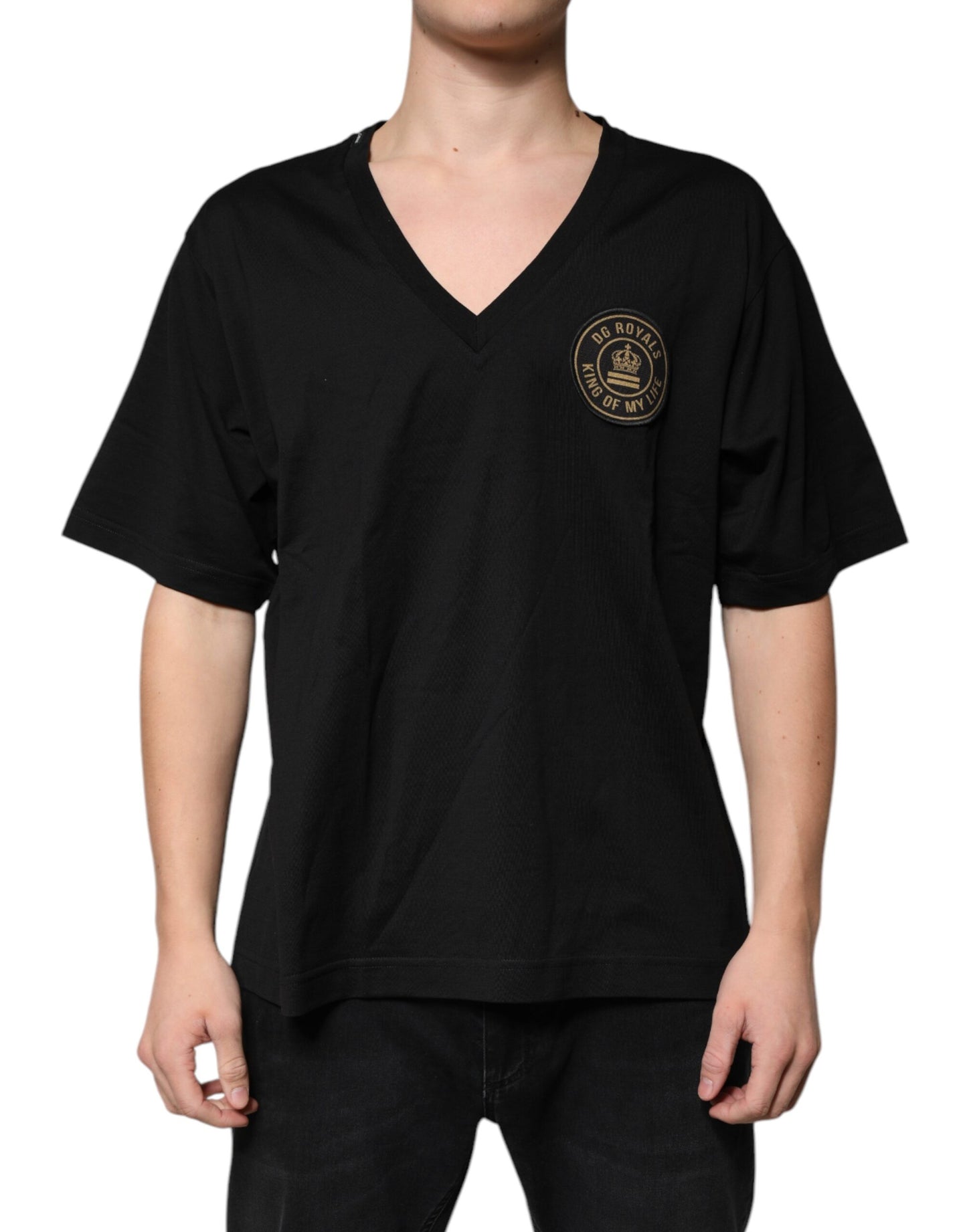 Black Cotton Logo Vneck Short Sleeve T-shirt